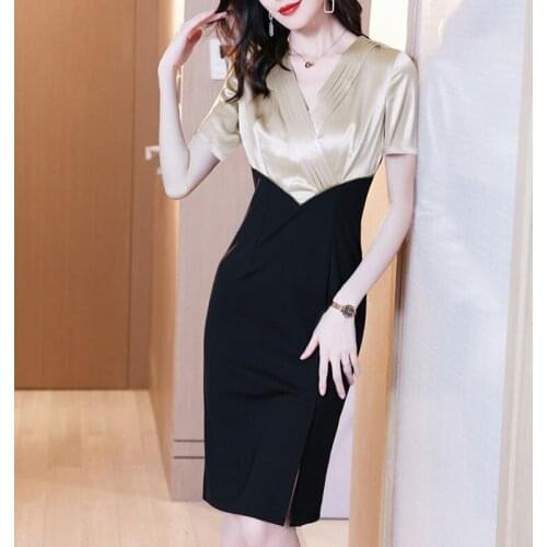 Ladies Slim Wrap Hip Office Dress Long Sleeve V Neck High Waist Elegant Fashion Patchwork Split Fork Dresses Women Clothing