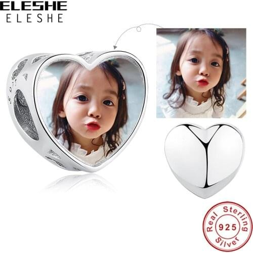 ELESHE Authentic 925 Sterling Silver Charm Bead Custom Photo Heart Charms Fit Original Bracelet Personalized DIY Jewelry Gift