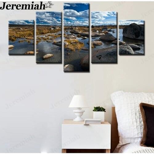 Nordic Lakeside Room Canvas Poster Dry Lake Reveals Stone Blue Sky Scenery 5 Paintings Wall Art Modern Home Decoration