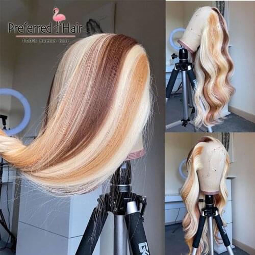 Preferred Red Blonde Highlight Wig Pre Plucked 13x4 Lace Front Human Hair Wigs Brazilian Remy Tranaparent Lace Wigs for Women