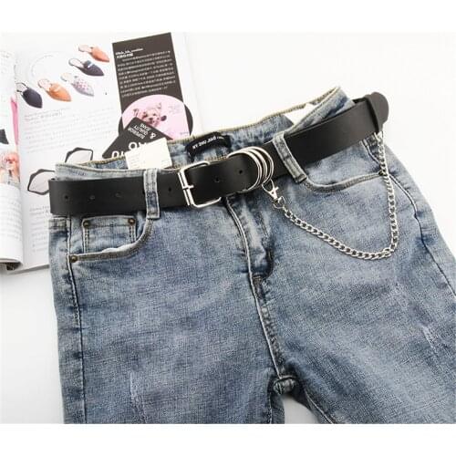 Women Men Belt Free Size Fashion Black Pu Leather Belt With Chain For Female New Punk Style Pin Buckle Dress Jeans Decorative