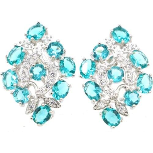 26x18mm Anniversary 4.6g Created Rich Blue Aquamarine CZ Women Dating 925 Sterling Silver Earrings