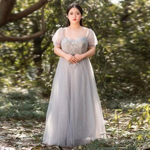 Evening Dress Sequins Appliques Square Collar Empire Floor-Length Short Sleeves New A-Line Plus Size Women Formal Gowns D1213