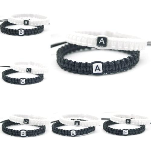 2pcs/pair Handmade Black and White Cord with A to M Bracelets Rope Chain Adjust Size for Lovers Friends Beaded Jewelry Gifts
