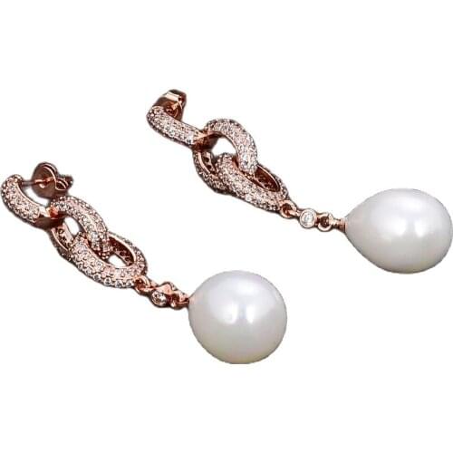 JK Teardrop White Sea Shell Pearl Rose Gold Color Plated Cz Pave Post Earrings