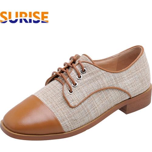 British Women Derbies Black Brown Microfiber Fabric Patchwork Thick Heels Brogues Office Ladies Vintage Lace-up Square Toe Flats