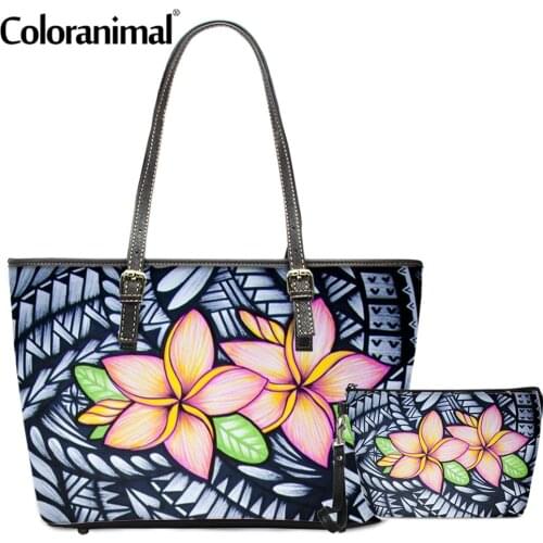Coloranimal Tribal Design 2Pcs/Set PU Shoulder Bag for Ladies Polynesian Plumeria Printed Crossbody Bag Women Messenger Bag Tote