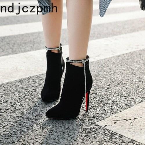 Womens Boots Autumn And Winter The New fashion Pointed zipper Crystal High heel Short tube Womens shoes plus size 33-43