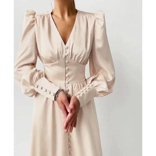 Satin Prom Womens Long Dress For Party Lantern Sleeve A-Line High Waist Slim Elegant Dresses Clothes New Year Ball Evening