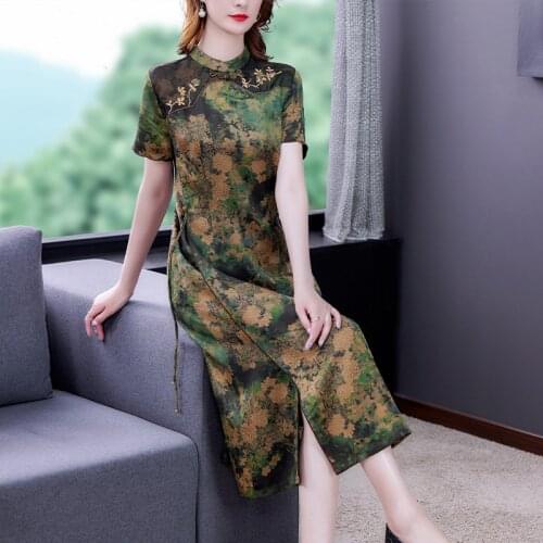 Summer Chinese Style Floral Mulberry Silk Satin Dress 2021 Vintage Casual Beach Midi Dress Women Elegant Bodycon Party Vestidos