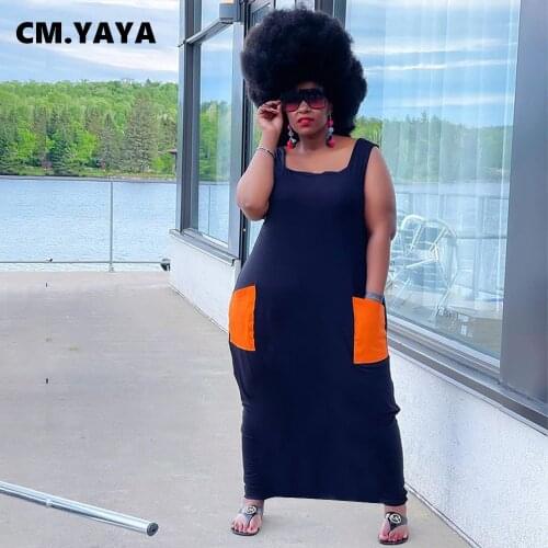 CM.YAYA Women Plus Size Dress Solid Sleeveless O-neck Loose Straight Long Maxi Dresses with Pockets Casual Vestidos Summer 2021