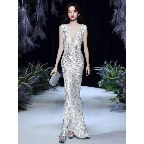 Partysix Womens dress Sexy Deep V open back dress Bead Long sequin evening dress 2021 new Silver womens party dress hip dress