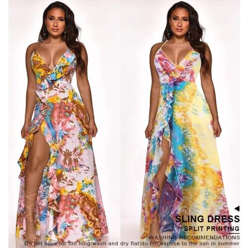 2021 Summer hot style Womens Sexy Lacy Split Print Halter Dress Sleeveless V-neck Beach Resort Dress