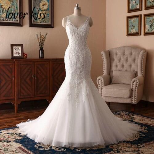 Lover Kiss V Neck Wedding Dress Mermaid Lace Vestidos De Noiva 2020 Backless Simple Bridal Gowns for women Custom svatební šaty