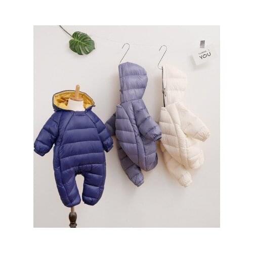 Winter Warm Baby Girls Boys Jumpsuits Thick Down Cotton Newborn Romper Solid Color Hooded Zipper Jumpsuits Infant Baby Overalls