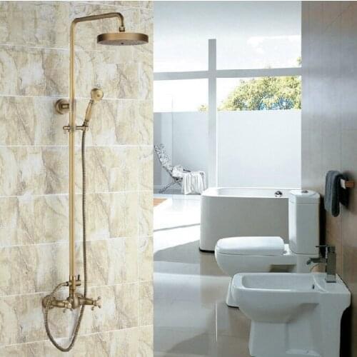 Antique Brass Two Cross Handles Bathroom Rain Shower Faucet Set Mixer Tap + 7.7" Round Rain Shower Head + Handshower ars091