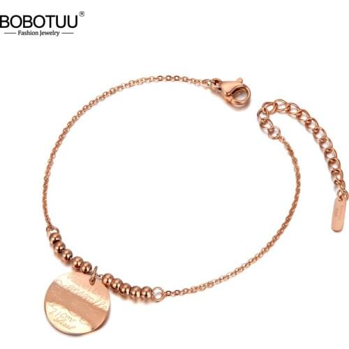 BOBOTUU Trendy Titanium Stainless Steel Round Tag Charm Bracelets For Women Girls Bohemia Chain & Link Pendant Bracelet BB20048