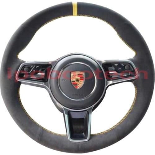 Black Suede Leather Steering Wheel Yellow Mark And Yellow Stitch on Wrap Cover Fit For Porsche Macan Cayenne 2015-2016