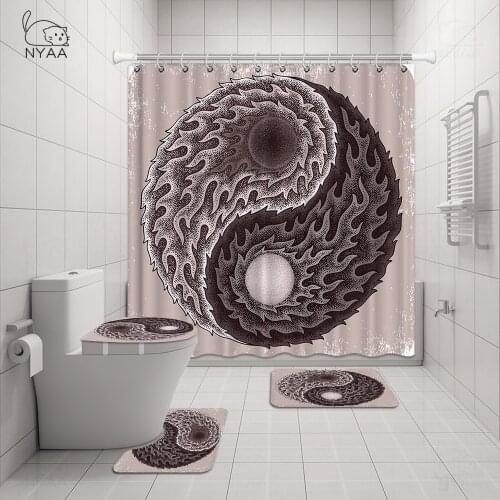 Black And White Yin And Yang Tattoo Art Waterproof Shower Curtain Set with Cartoon Printed Non-Slip Bathroom Mat Rugs