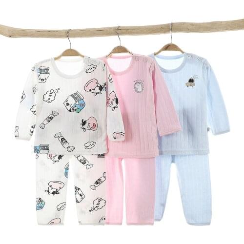 Childrens Home Suit Pajamas Summer Air Conditioning Two Pieces Sets Cotton Class A Boneless Thin Pajama Set for Boys and Girls
