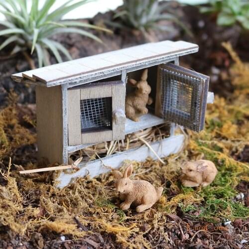 FairyCome Bunny Rabbit Hutch House with 3 Rabbits Fairy Garden Wooden Coop Miniature Woodland Farm Garden Dollhouse Accessories