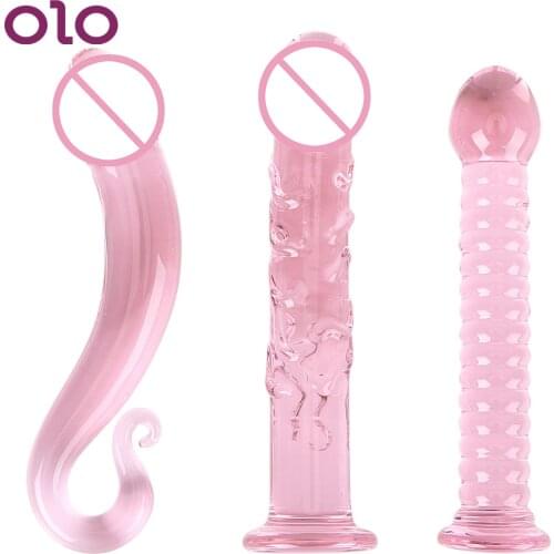 OLO Fake Penis Pink Crystal Glass Dildo G-Spot Anal Massage Prostate Stimulate Sex Toys for Women Men Masturbation Adult Product