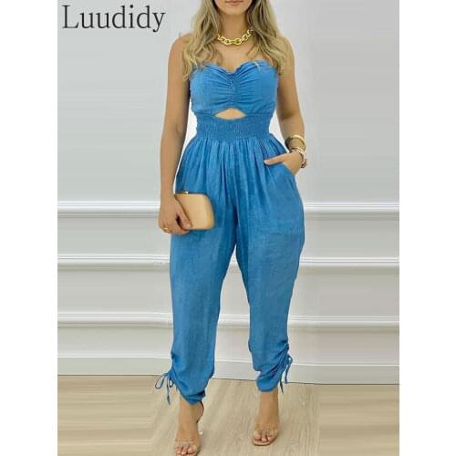 Summer Women Casual Sleeveless Backless Romper Cutout Shirred Pocket Design Jumpsuit