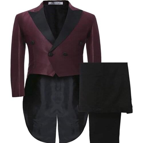 2020 Burgundy Mens Double-breasted Tuxedo Groom Formal Suit for Wedding Dinner Prom Costume 2 Piece Set (Blazer+Pants)
