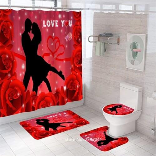 Valentines Day Happy Bathroom Set 3D-Printed Red Heart Rose Waterproof Shower Curtains Toilet Cover Mat Set Non-slip Carpet