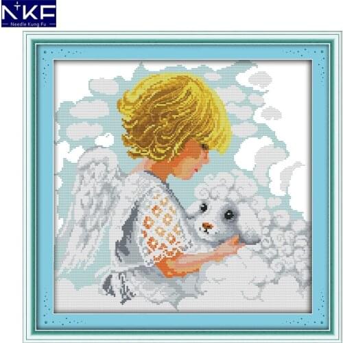 NKF The Girl with The Lamb Cross Stitch Embroidery Stamped Kits Needlework Handmade Chinese Cross Stitch for Home Decoration