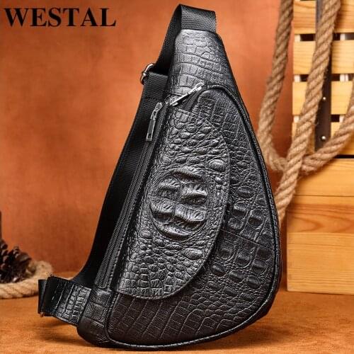 WESTAL Men’s Alligator Print Chest Bag Genuine Leather Crossbody Bags For Man Fashion Shoulder Pack Natural Leather Sling Bag