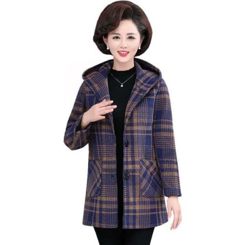New 2021Women Woolen Coat Autumn Winter Middle-Aged Slim Hooded Woolen Jacket Female Mid Long Lattice PlusSize WoolenOuterwear