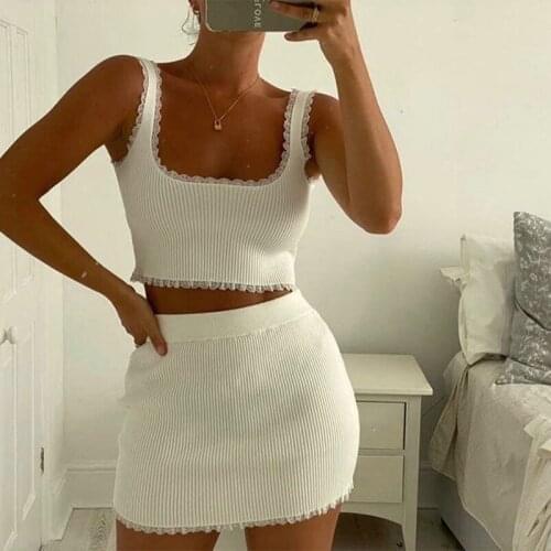 Solid Sexy Lace Two Piece Set Womens Suit Thin Breathable Tank Top Skirts Homewear Women 2021 Summer Casual Woman Shorts Sets