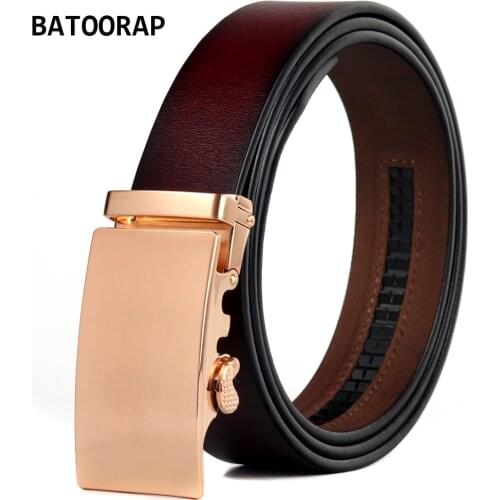 BATOORAP Mens Belt Genuine Leather Retro Jean Waist Strap Male Red Formal Business Ratchet Trouser Belt Gold Automatic Buckles