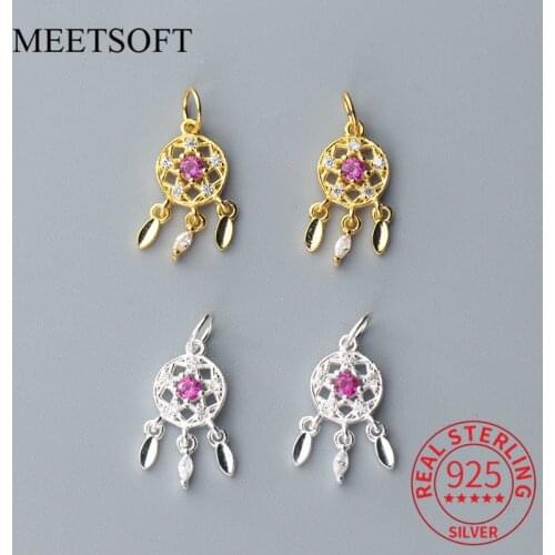 MEETSOFT Romantic 925 Sterling Silver Pink Zircon Feather Charms DIY Handmade Fine Jewelry Necklace Deocration Accessory Gift