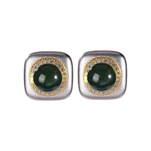 S925 sterling silver gold-plated natural Mexican blue amber stud earrings personalized square one-piece dual-use earrings