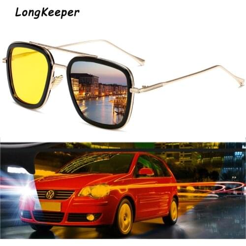 LongKeeper Classic Night Vision Sun Glassses Men Tony Stark Iron Man Metal Goggle Women Driving Pilot Square Sunglasses UV400