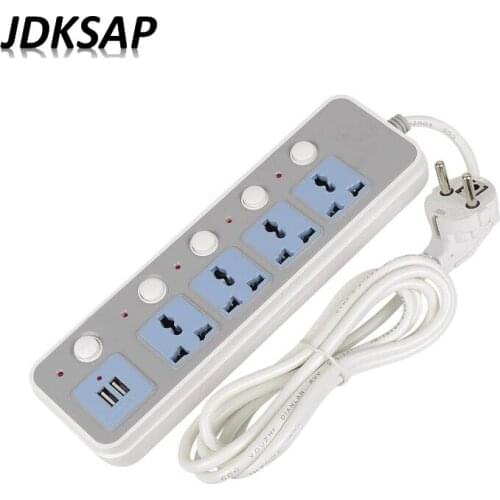 Universal Power Strip Socket 10A 2500W 1.8 M Extension Socket 2USB charge enchufe Universal Adapter Network filter to EU UK Plug