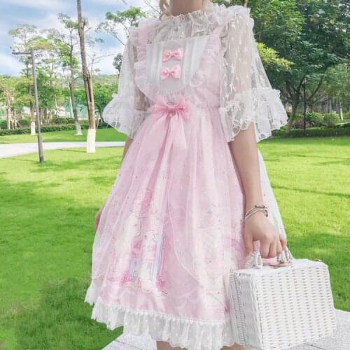 Japanese sweet lolita dress vintage lace bowknot cute printing victorian dress kawaii girl gothic lolita jsk princess loli cos