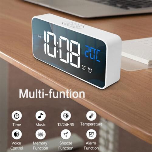 Chargeable Alarm Clock Digital Mirror LED Music Clock Two Sets of Alarm Clock Switches Digital Bedside Alarm Clock
