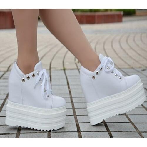 2019 Spring High Platform Boots 13CM High Heel Women Thick Sole Shoes Leather Wedge Sneakers Waterproof Breathable Casual Shoes