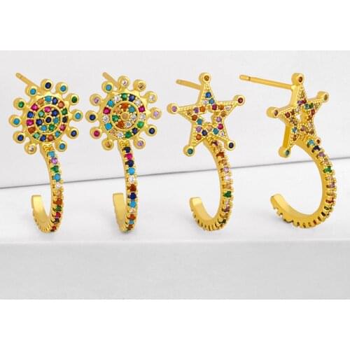 Multicolor Star Earrings For Women Crystal Paved Sun Stud Earring CZ Rainbow Zircon Fashion Jewelry pendientes arcoiris erst46