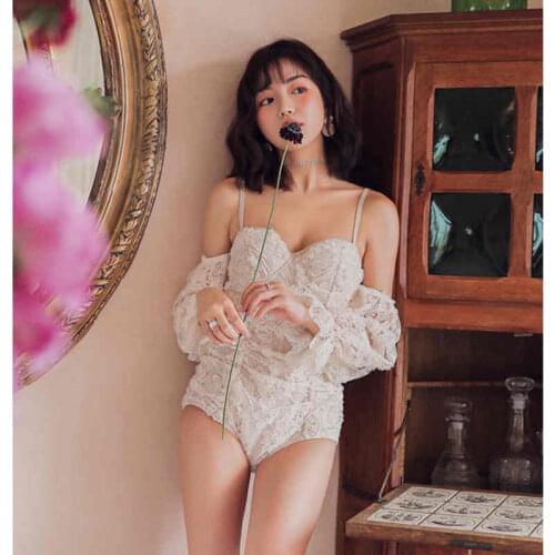 2020 Hot Sexy Lace Swimwear Women Solid Swimwear Push Up Swimsuit White Long Sleeve Pad Bathing Suit Open Back Beach