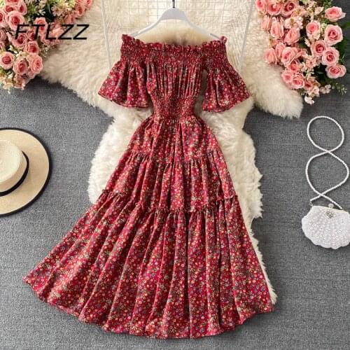 Women Boho Elegant Floral Dress Butterfly Sleeve Slash Neck Off Shoulder Printing Chiffon Dress Summer Beach Dresses Vestidos