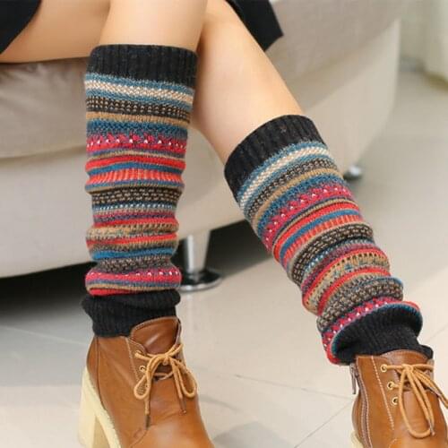 Antique Color Stripes Fashion Women Knitted Socks Long Scaldamuscoli Gaiters Boots Women Winter Warmer Boho Fashion Warmth