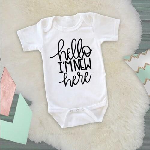 DERMSPE 2019 New Newborn Baby Rompers Lovely Boys Girls Short Sleeve Hello I'm New Here Picture Baby Jumpsuits White