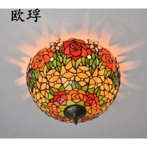 European-Style Creative Pastoral Color Glass Roses Cool Ceiling Light Living Room Bedroom Porch Tiffany Ceiling Light