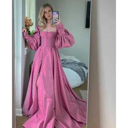 LORIE Elegant Pink Prom Dress Bishop Sleeves High Slit Taffeta Evening Dresses Sweetheart A-line Long Party Gowns with Buttons