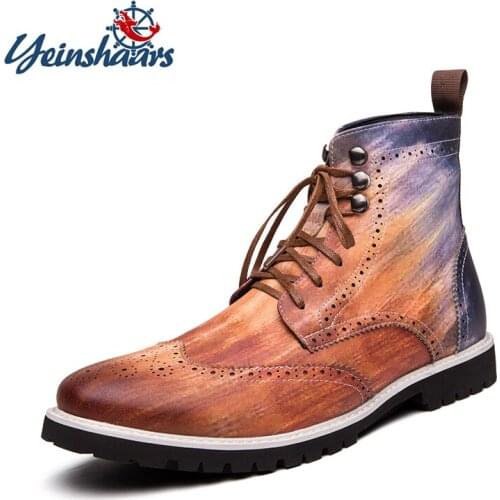 YEINSHAARS Mens Motorcycle Boots British Style PU Leather Winter Autumn Casual Boots Man Lace Up Trendy Comfort Short Boots