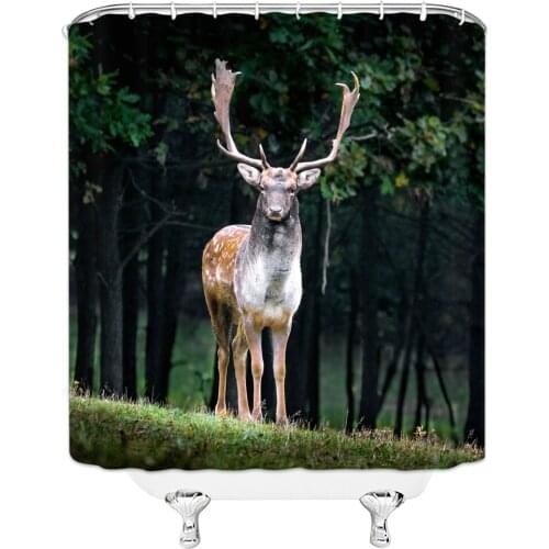 New Eco-friendly Landscape Animal Deer Polyester High Quality Washable Bath Decor Natural Scenery Shower Curtains with Hooks